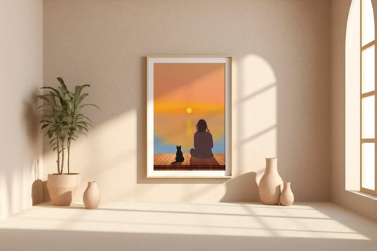 Woman and Cat at Seaside Wall Art Printable